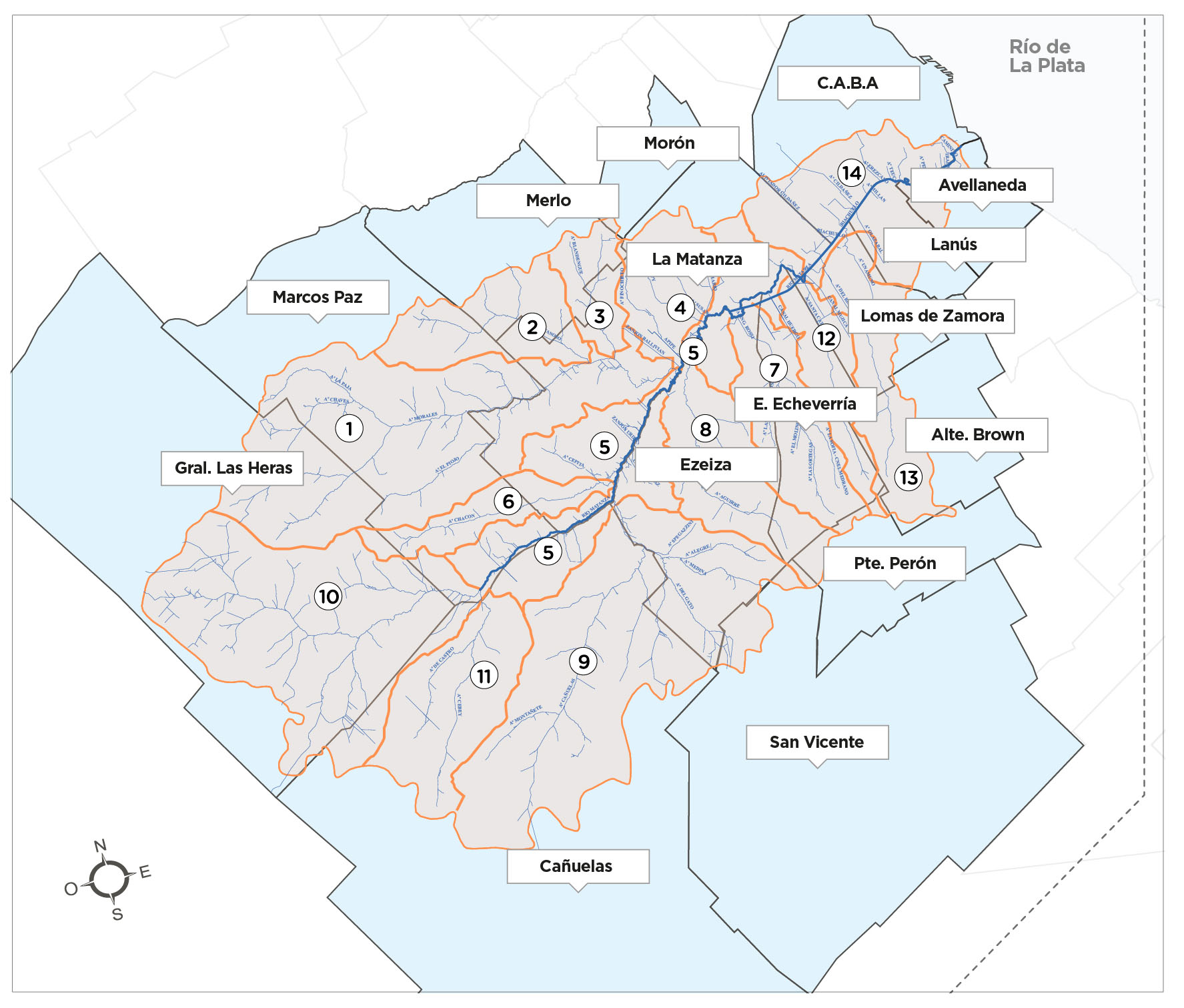 Mapa de los municipios que son atravesados por la Cuenca Matanza Riachuelo.