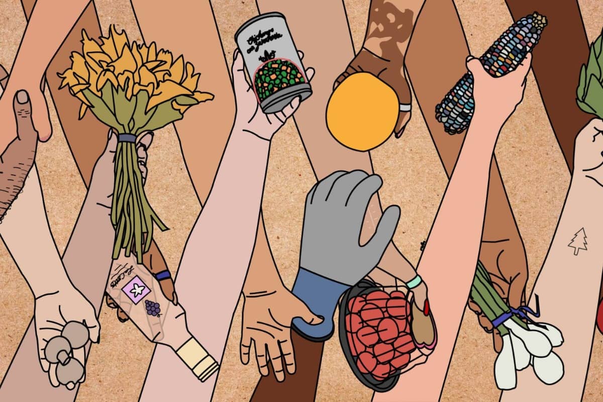 Vecinos comprando productos frescos