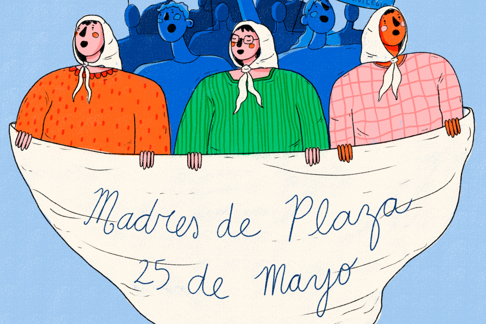 Dibujo de Madres de Plaza de Mayo sosteniendo un gran pañuelo blanco